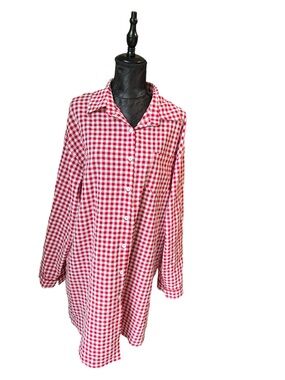 Red White Gingham Plus Size 1XL Button Front Tunic Shirt